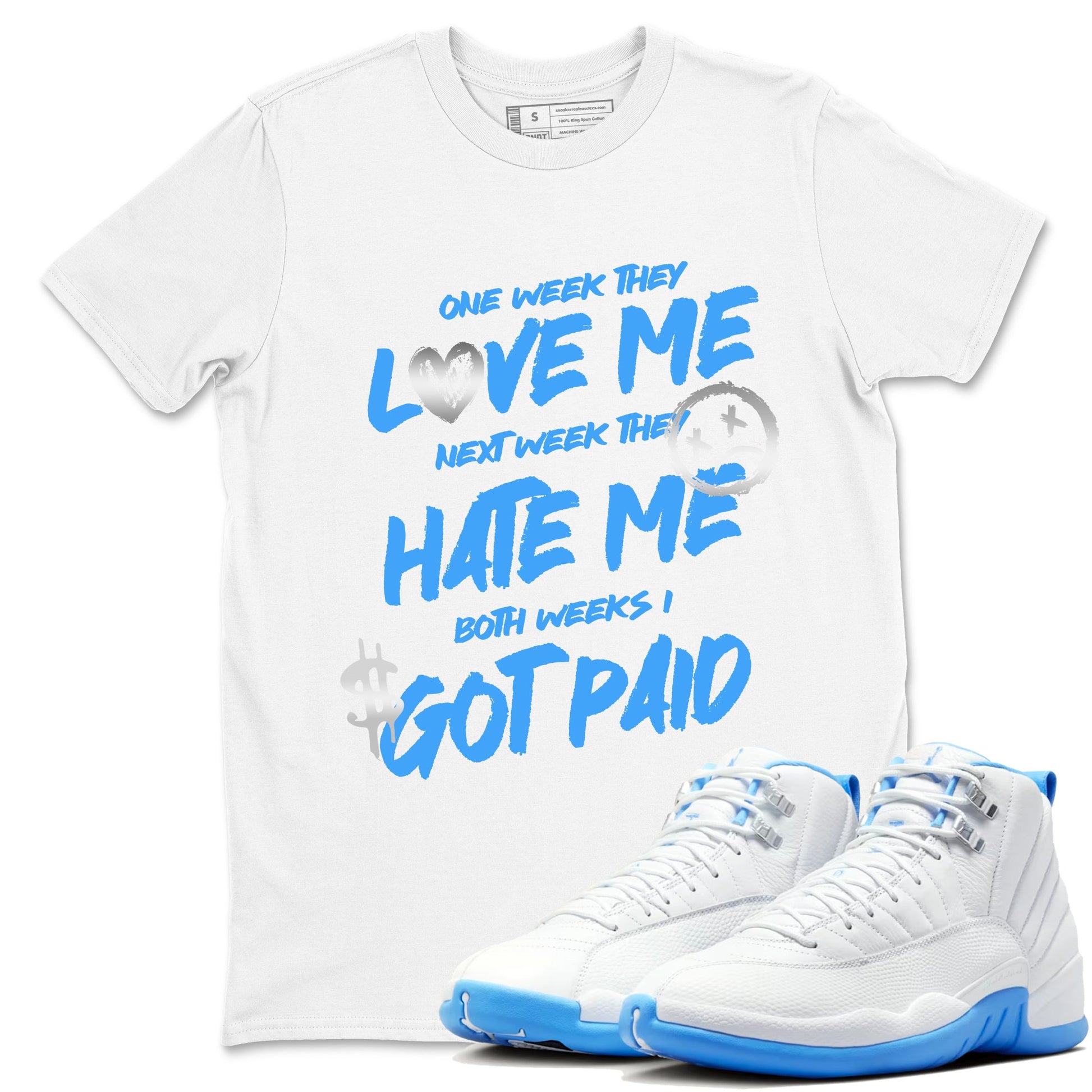 I Got Paid sneaker match t-shirt styled to complete your fit with the Air Jordan 12 White and University Blue sneakers, shown in White 1.