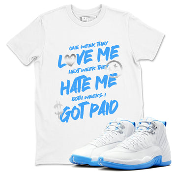 I Got Paid sneaker match t-shirt styled to complete your fit with the Air Jordan 12 White and University Blue sneakers, shown in White 1.