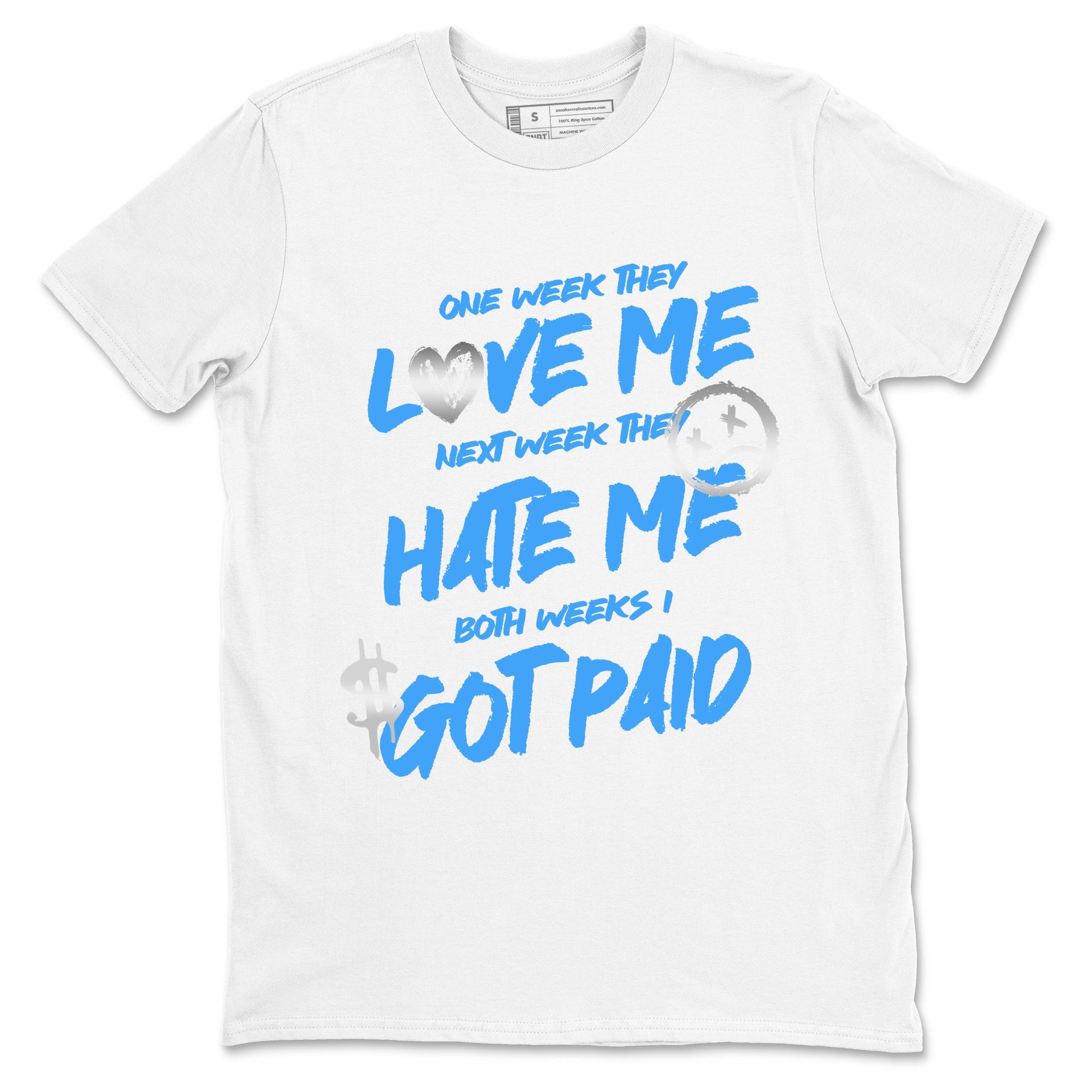 I Got Paid sneaker match t-shirt styled to complete your fit with the Air Jordan 12 White and University Blue sneakers, shown in White 2.