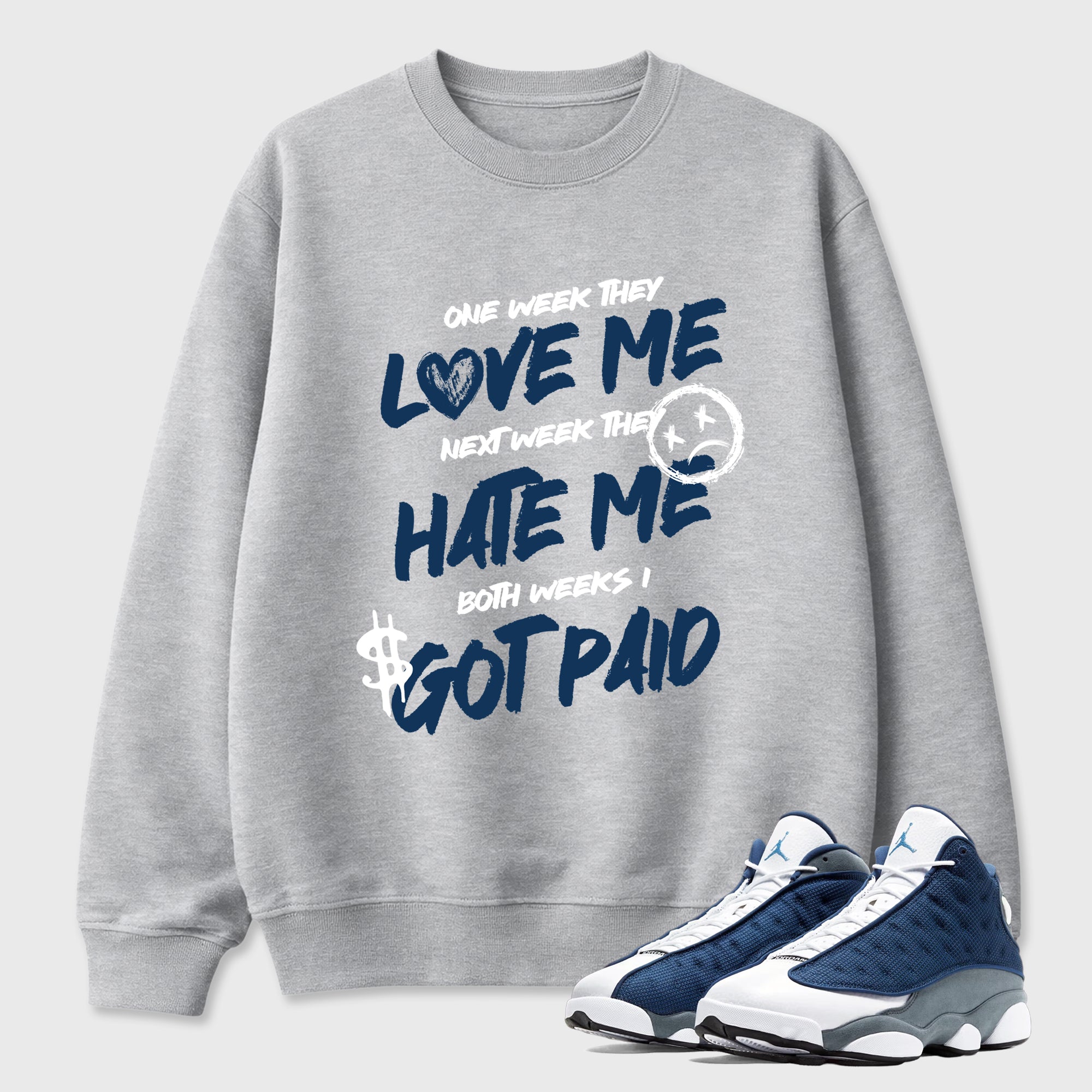I Got Paid Graphic T-Shirt featuring original streetwear artwork designed to match the Air Jordan 13 Flint. Heather Grey 1 Graphic Tee.