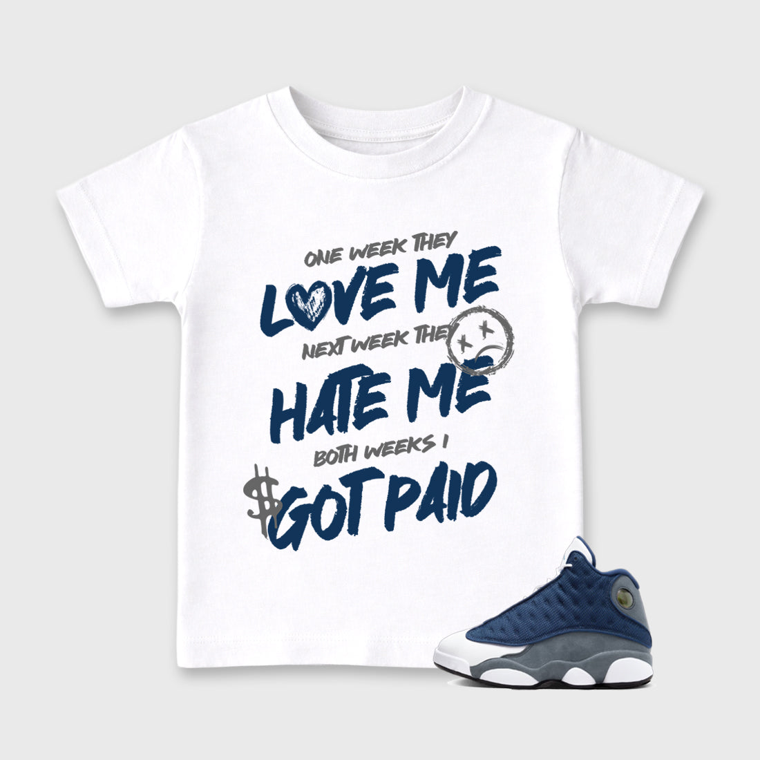 I Got Paid Baby & Kids Graphic T-Shirt featuring original artwork designed to match the Air Jordan 13 Flint. White 1 Kids Graphic Tee.