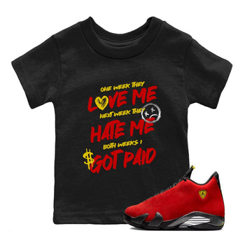 I Got Paid baby and kids t-shirt crafted for little sneakerheads to shine with the Air Jordan 14 Challenge Red sneakers, AJ14 Ferrari,  displayed in Black 1.