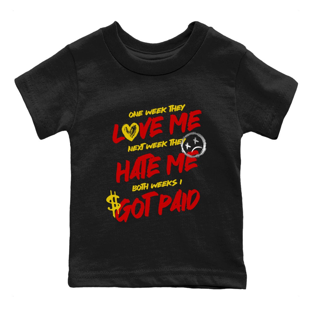 I Got Paid baby and kids t-shirt crafted for little sneakerheads to shine with the Air Jordan 14 Challenge Red sneakers, AJ14 Ferrari,  displayed in Black 2.