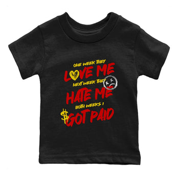 I Got Paid baby and kids t-shirt crafted for little sneakerheads to shine with the Air Jordan 14 Challenge Red sneakers, AJ14 Ferrari,  displayed in Black 2.