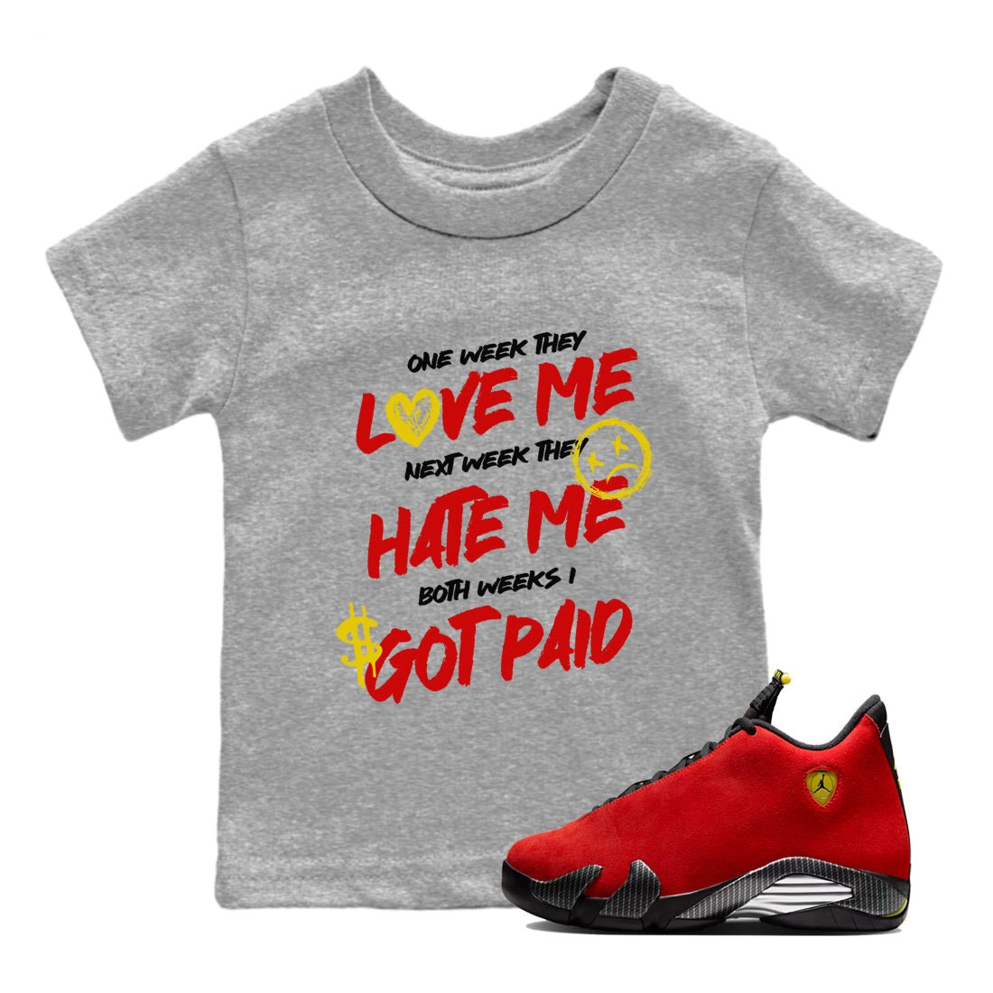 I Got Paid baby and kids t-shirt crafted for little sneakerheads to shine with the Air Jordan 14 Challenge Red sneakers, AJ14 Ferrari,  displayed in Heather Grey 1.