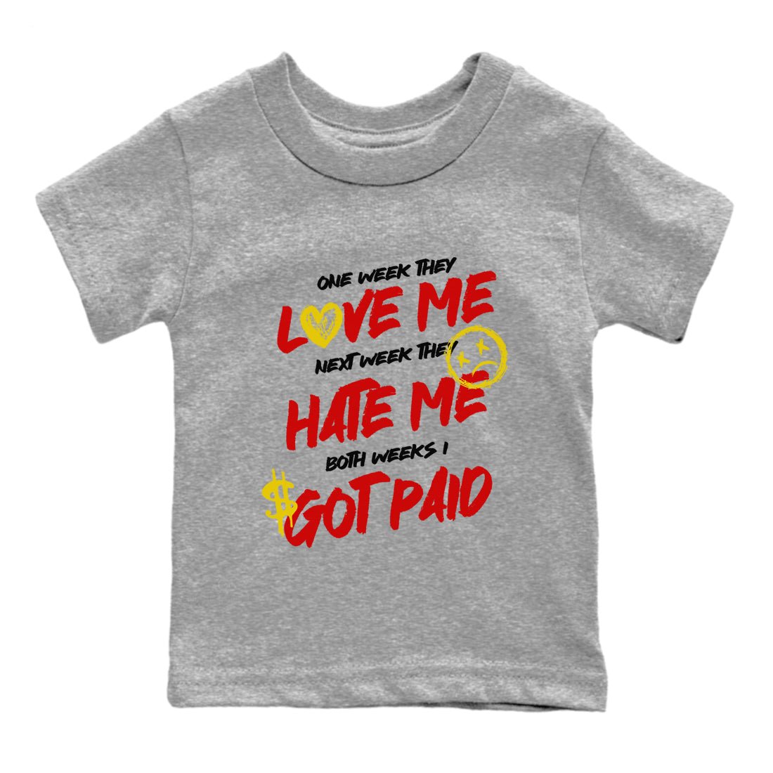 I Got Paid baby and kids t-shirt crafted for little sneakerheads to shine with the Air Jordan 14 Challenge Red sneakers, AJ14 Ferrari,  displayed in Heather Grey 2.