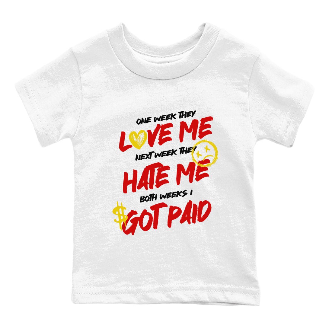 I Got Paid baby and kids t-shirt crafted for little sneakerheads to shine with the Air Jordan 14 Challenge Red sneakers, AJ14 Ferrari,  displayed in White 2.