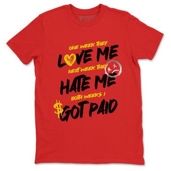 I Got Paid sneaker match t-shirt styled to complete your fit with the Air Jordan 14 Challenge Red sneakers, AJ14 Ferrari,  shown in Red 2.