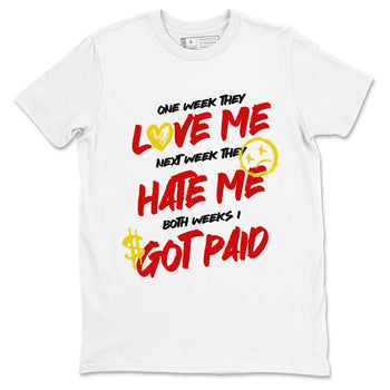 I Got Paid sneaker match t-shirt styled to complete your fit with the Air Jordan 14 Challenge Red sneakers, AJ14 Ferrari,  shown in White 2.