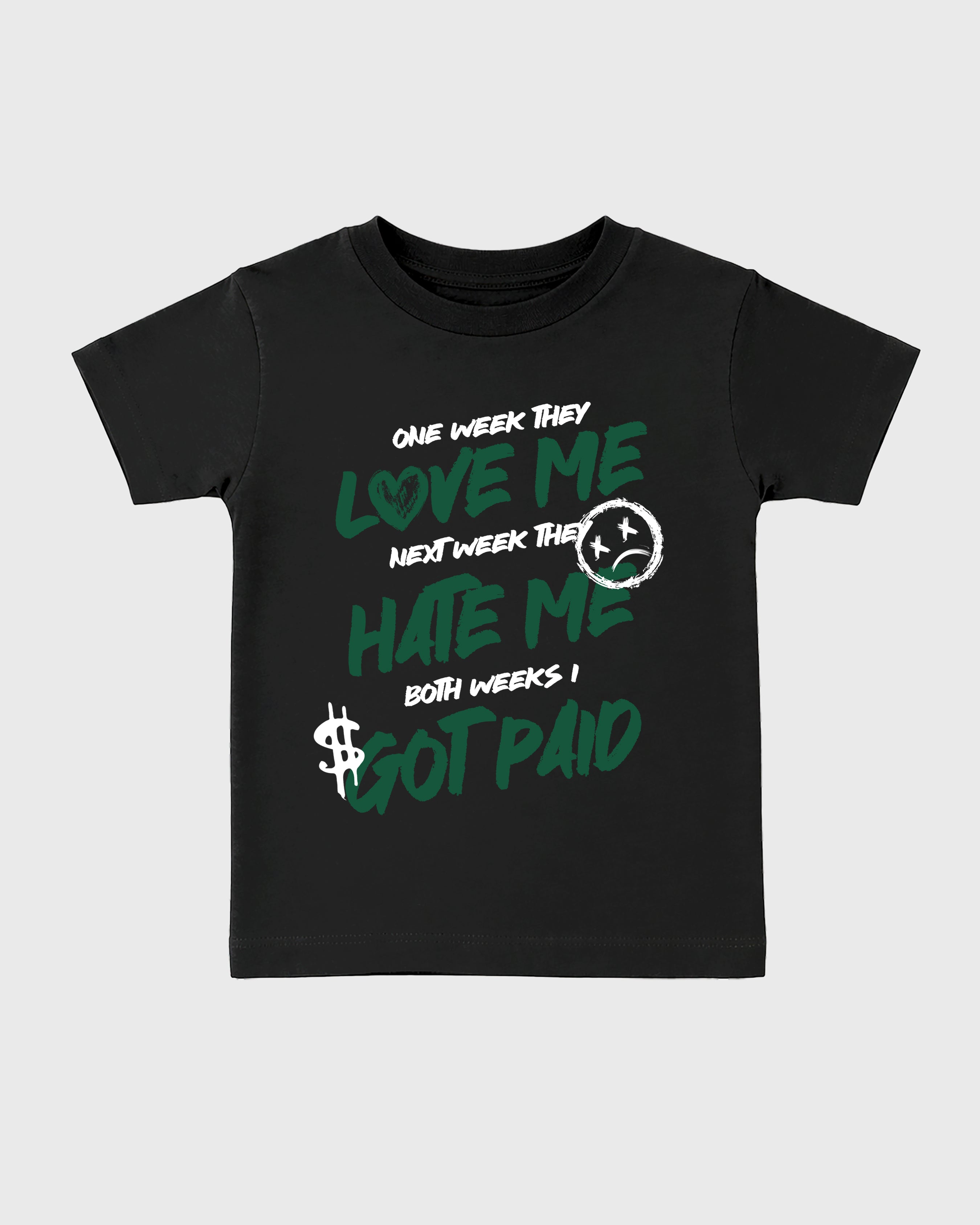 I Got Paid Baby & Kids Graphic T-Shirt featuring original artwork designed to match the Air Jordan 14 Forest Green. Black 2 Kids Graphic Tee.