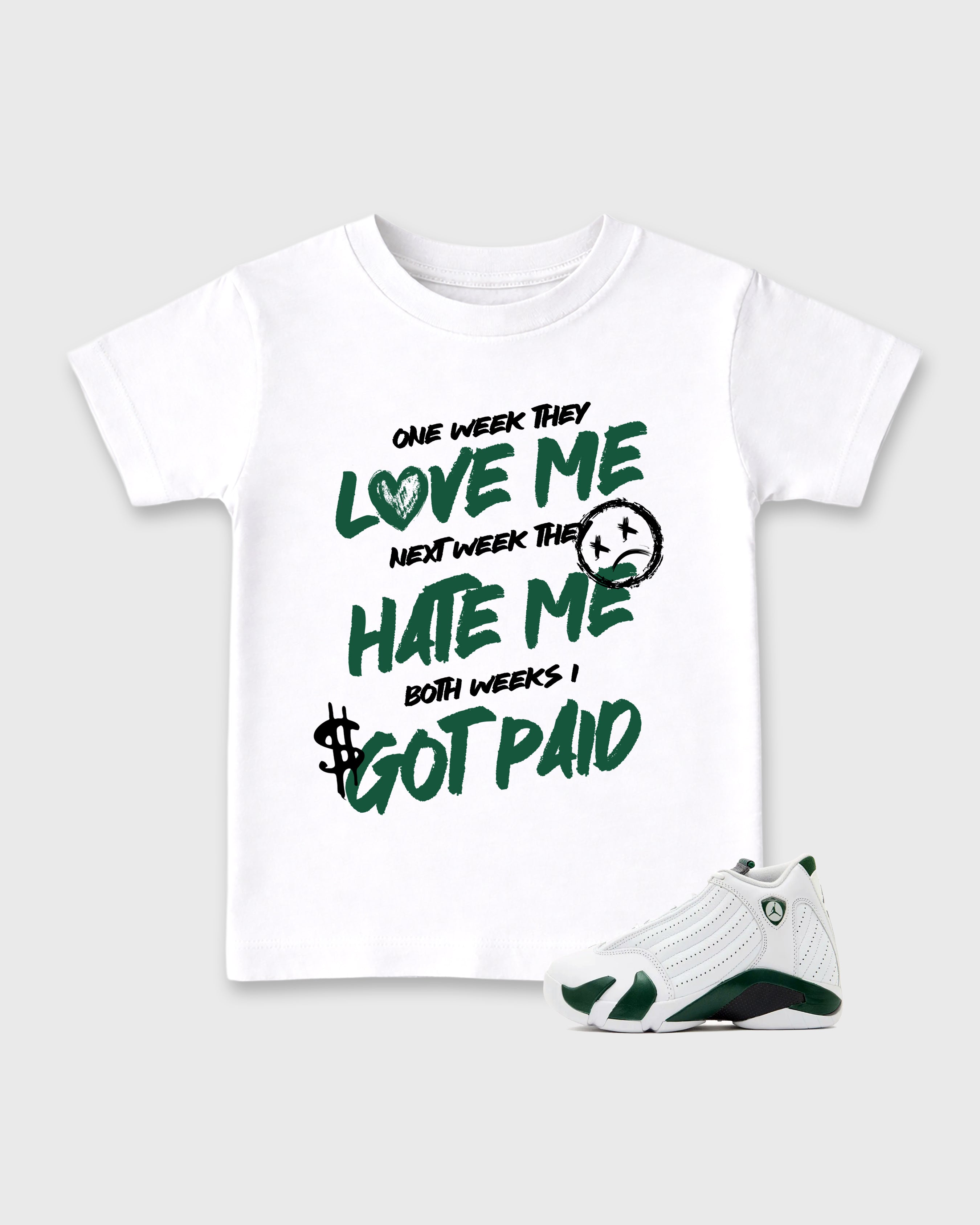 I Got Paid Baby & Kids Graphic T-Shirt featuring original artwork designed to match the Air Jordan 14 Forest Green. White 1 Kids Graphic Tee.