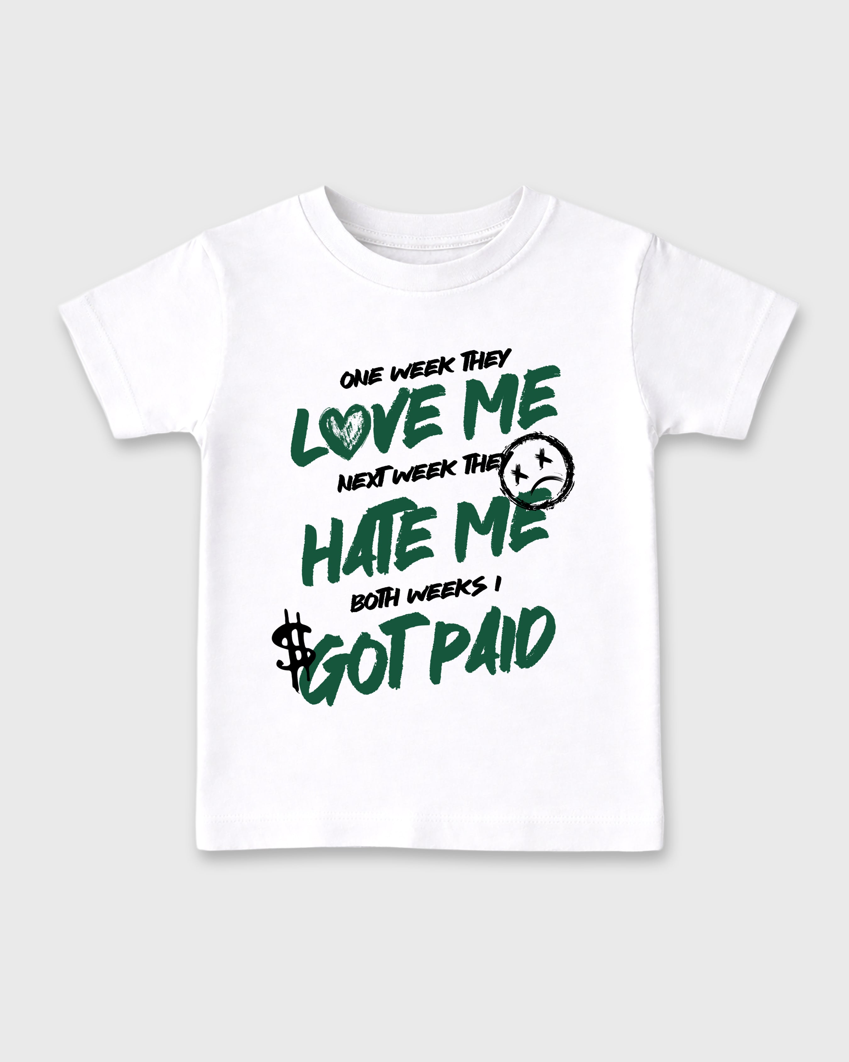 I Got Paid Baby & Kids Graphic T-Shirt featuring original artwork designed to match the Air Jordan 14 Forest Green. White 2 Kids Graphic Tee.