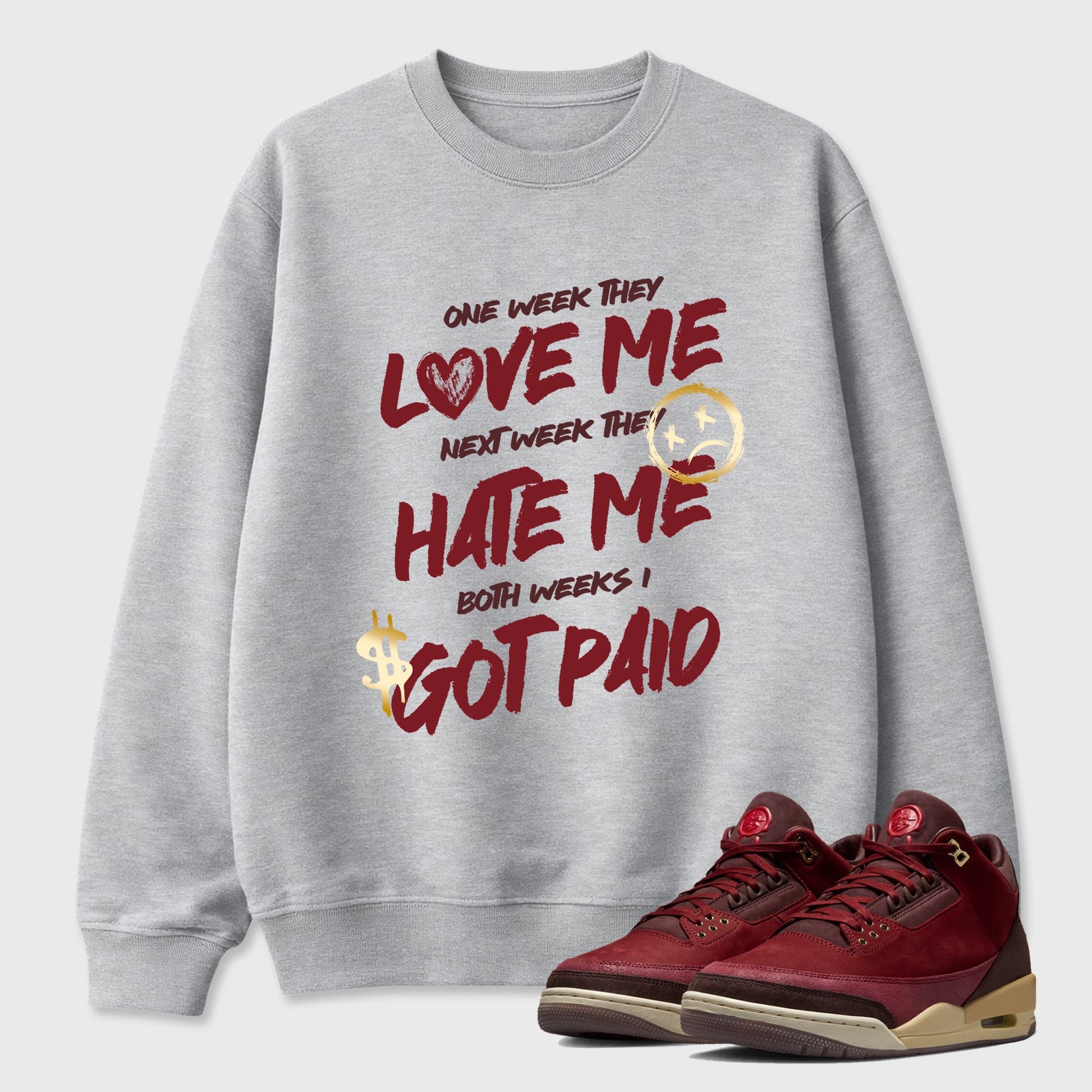I Got Paid Graphic T-Shirt sneaker match tee designed for the Air Jordan 3 Bin 23, featuring coordinated color options for a perfect streetwear match. Heather Grey 1 shirt.