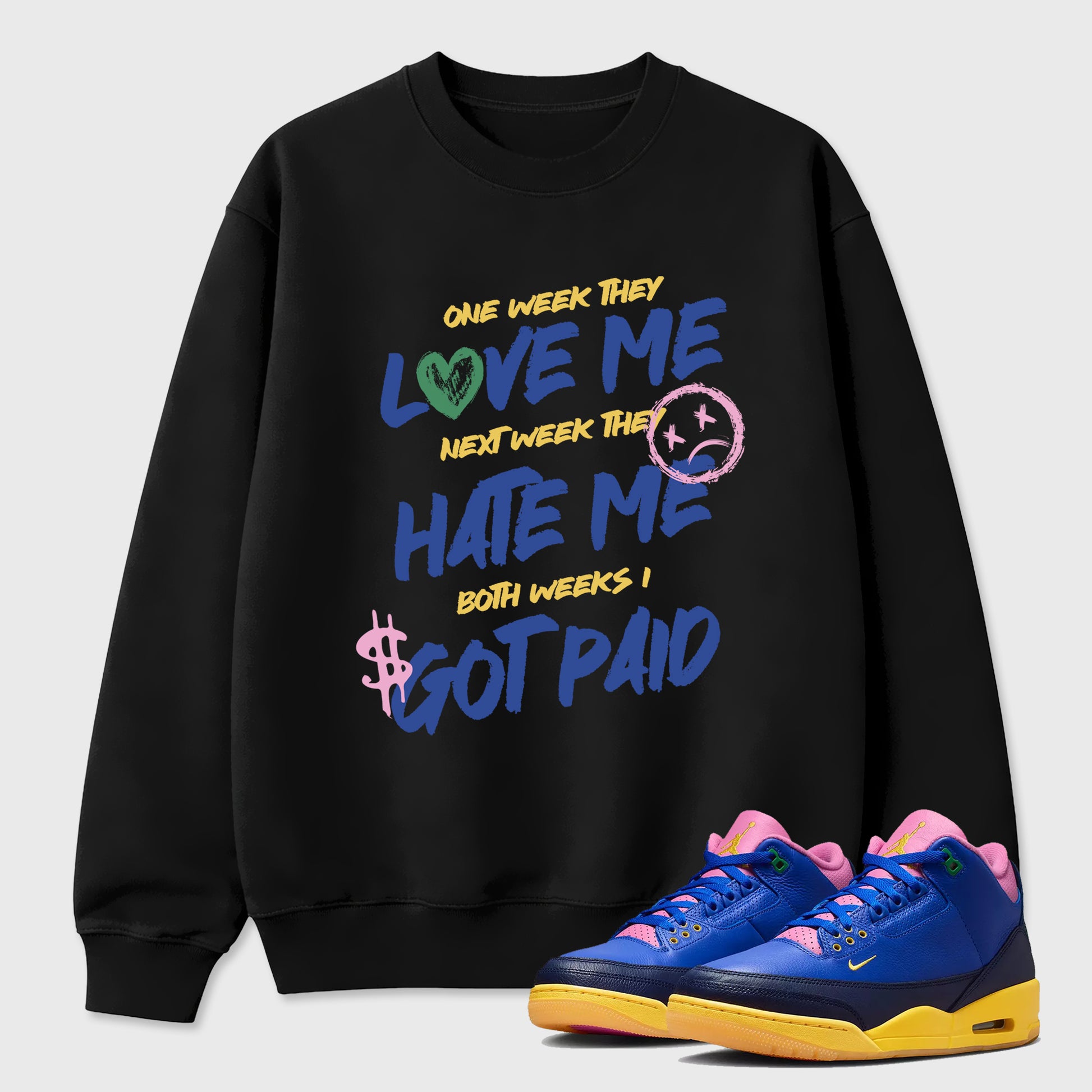 I Got Paid Graphic T-Shirt sneaker match tee designed for the Air Jordan 3 Brazil, featuring coordinated color options for a perfect streetwear match. Black 1 shirt.