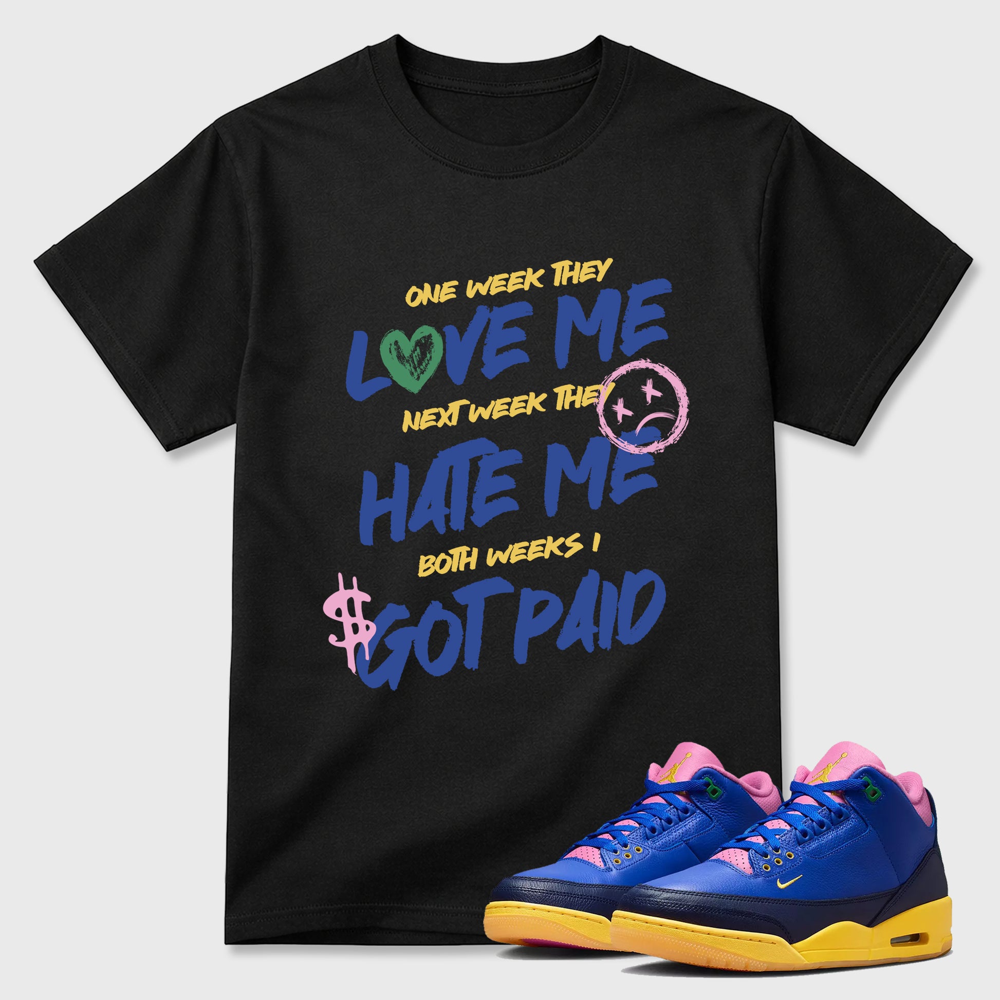 I Got Paid Graphic T-Shirt sneaker match tee designed for the Air Jordan 3 Brazil, featuring coordinated color options for a perfect streetwear match. Black 1 shirt.
