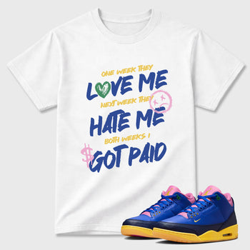 I Got Paid Graphic T-Shirt sneaker match tee designed for the Air Jordan 3 Brazil, featuring coordinated color options for a perfect streetwear match. White 1 shirt.