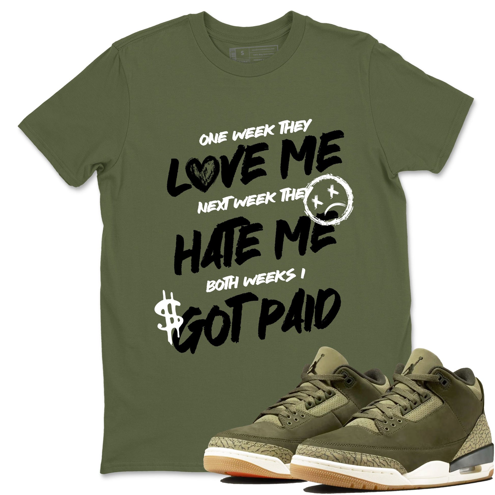 Sneaker Threads – Sneaker Threads To Match Air Jordan 3 Family Affair Shoes – I Got Paid Tee Military Green 1