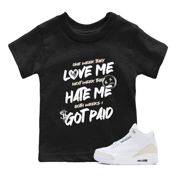 I Got Paid baby and kids t-shirt crafted for little sneakerheads to shine with the Air Jordan 3 Pure Money sneakers, displayed in Black 1.