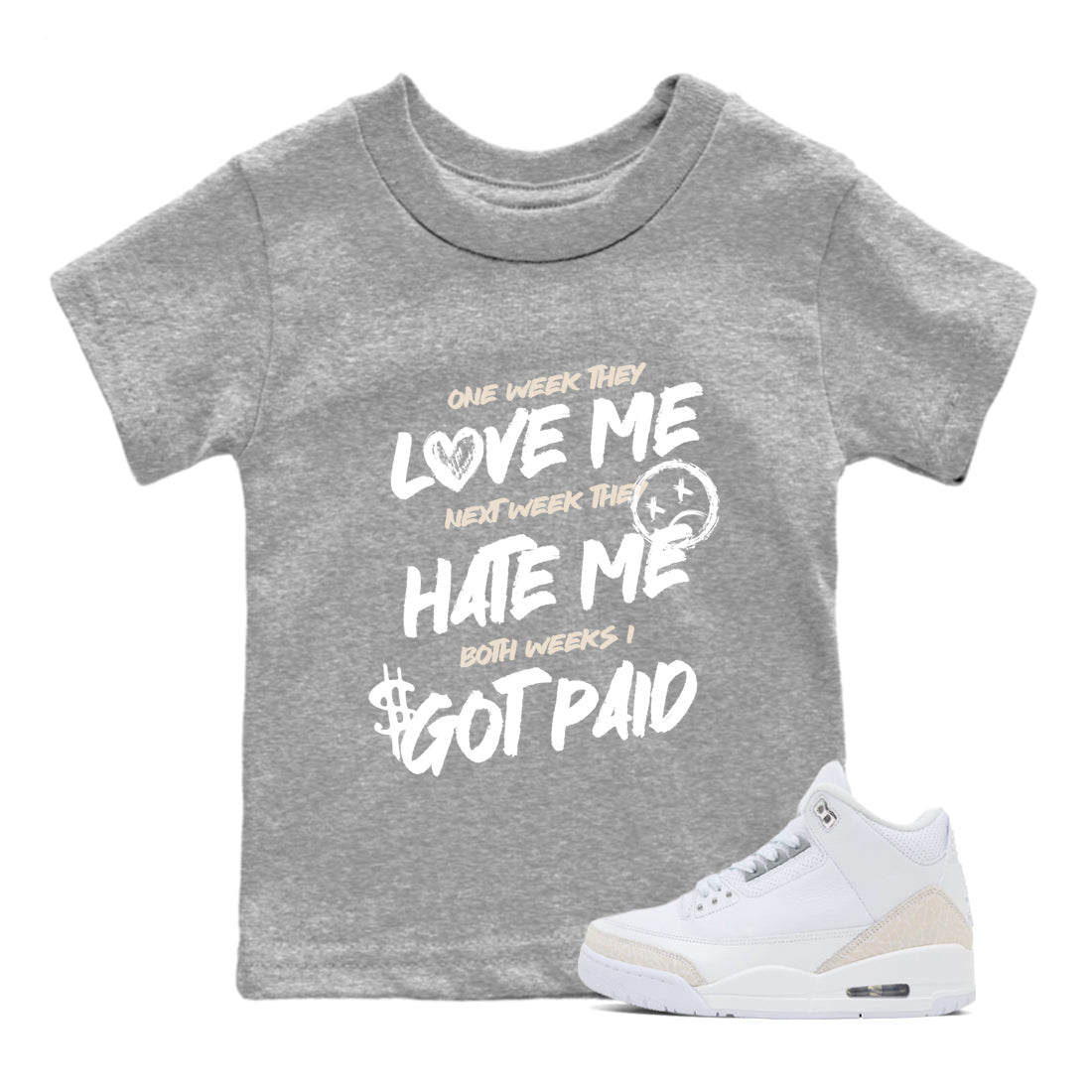 I Got Paid baby and kids t-shirt crafted for little sneakerheads to shine with the Air Jordan 3 Pure Money sneakers, displayed in Heather Grey 1.