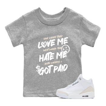 I Got Paid baby and kids t-shirt crafted for little sneakerheads to shine with the Air Jordan 3 Pure Money sneakers, displayed in Heather Grey 1.