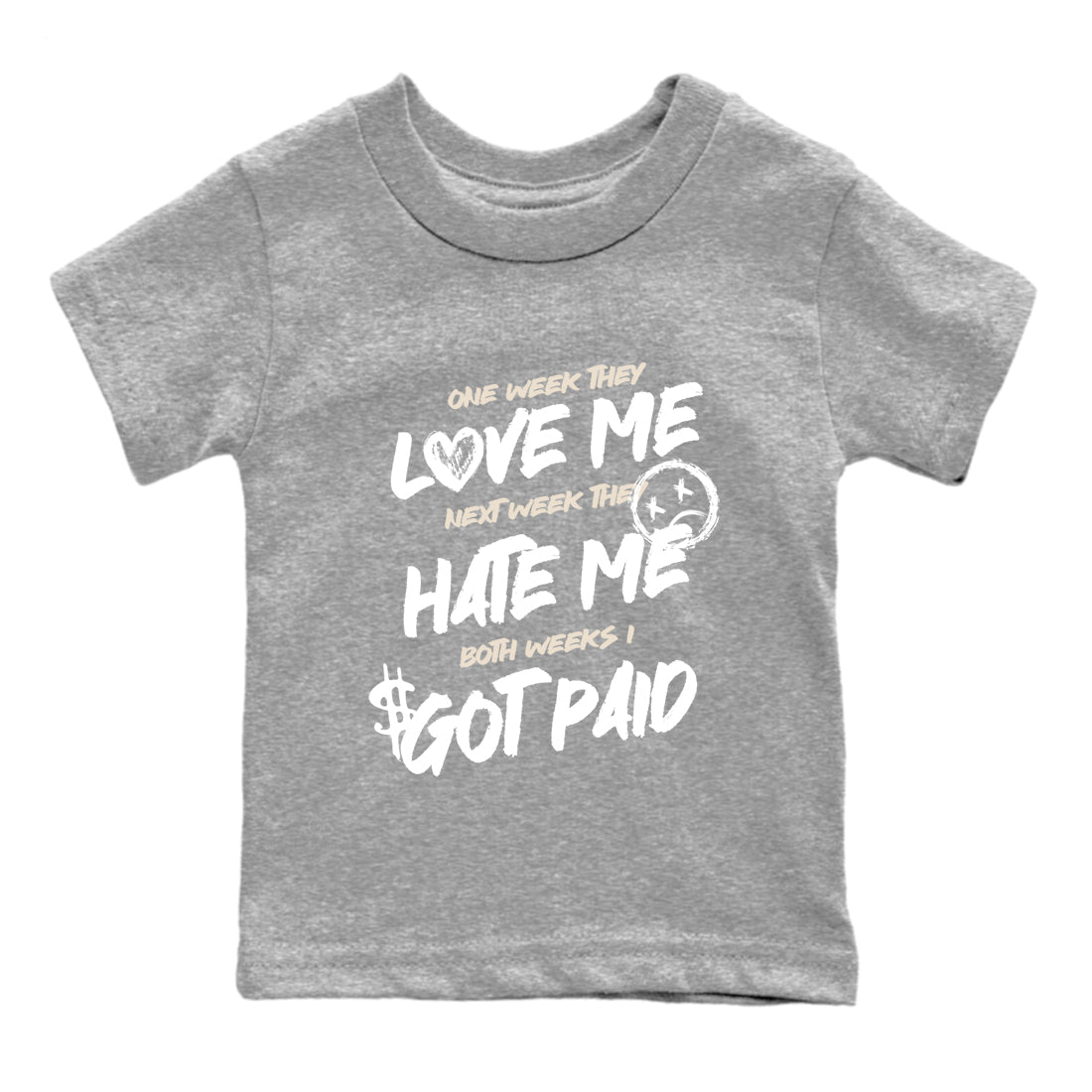I Got Paid baby and kids t-shirt crafted for little sneakerheads to shine with the Air Jordan 3 Pure Money sneakers, displayed in Heather Grey 2.