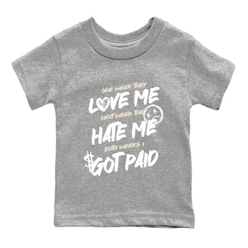 I Got Paid baby and kids t-shirt crafted for little sneakerheads to shine with the Air Jordan 3 Pure Money sneakers, displayed in Heather Grey 2.