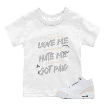 I Got Paid baby and kids t-shirt crafted for little sneakerheads to shine with the Air Jordan 3 Pure Money sneakers, displayed in White 1.
