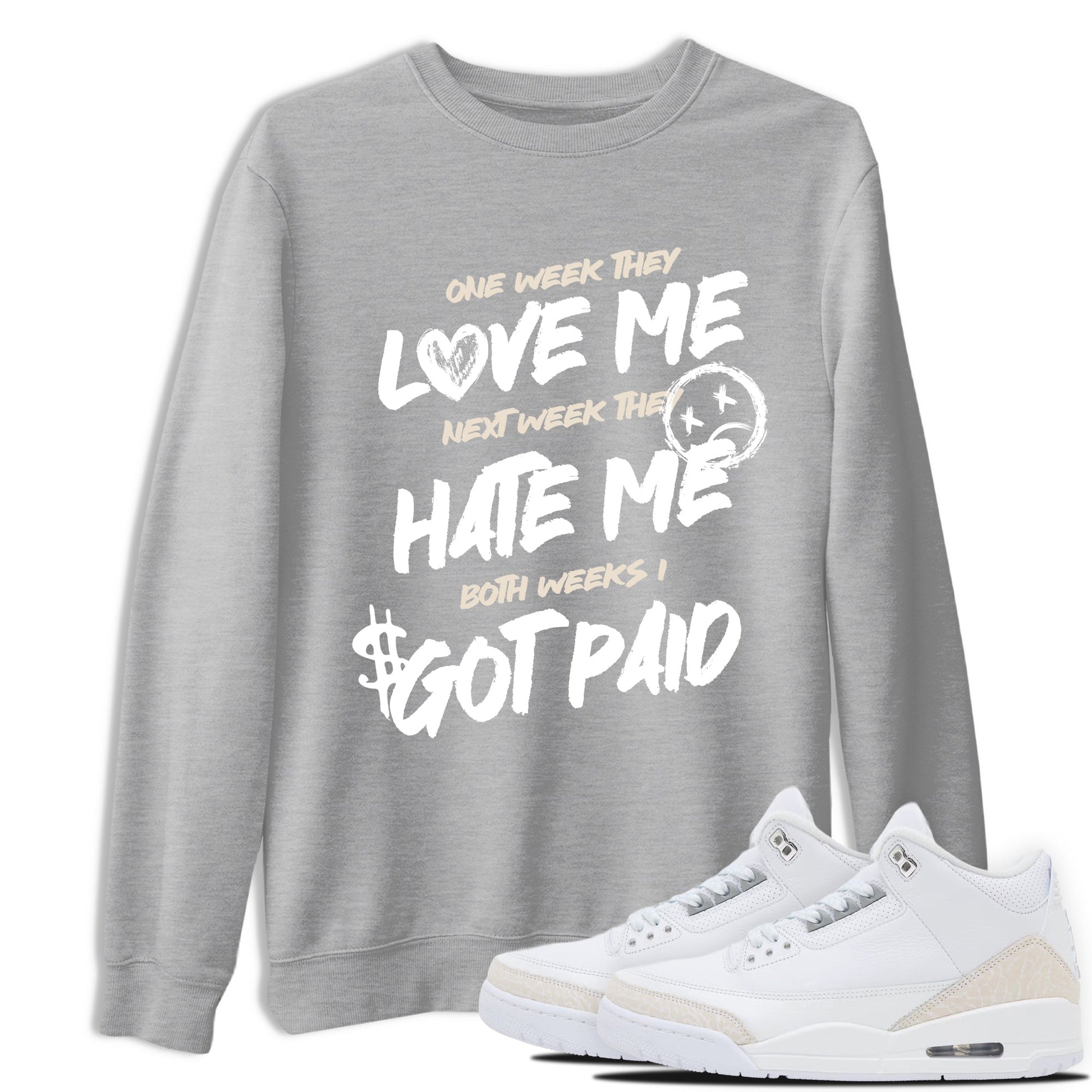 I Got Paid sneaker match t-shirt styled to complete your fit with the Air Jordan 3 Pure Money sneakers, shown in Heather Grey 1.
