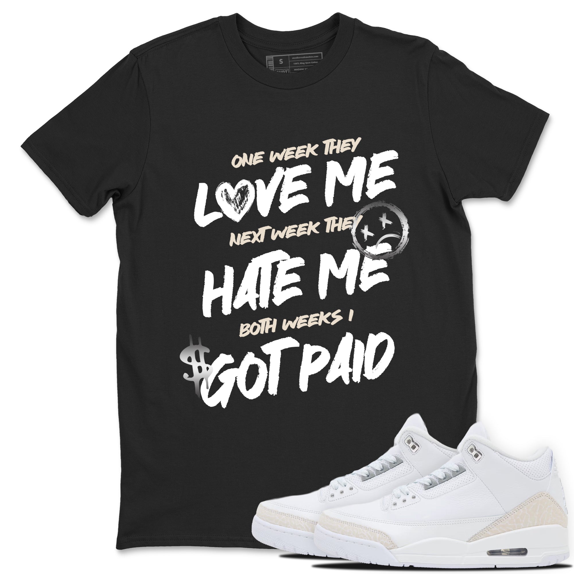 I Got Paid sneaker match t-shirt styled to complete your fit with the Air Jordan 3 Pure Money sneakers, shown in Black 1.