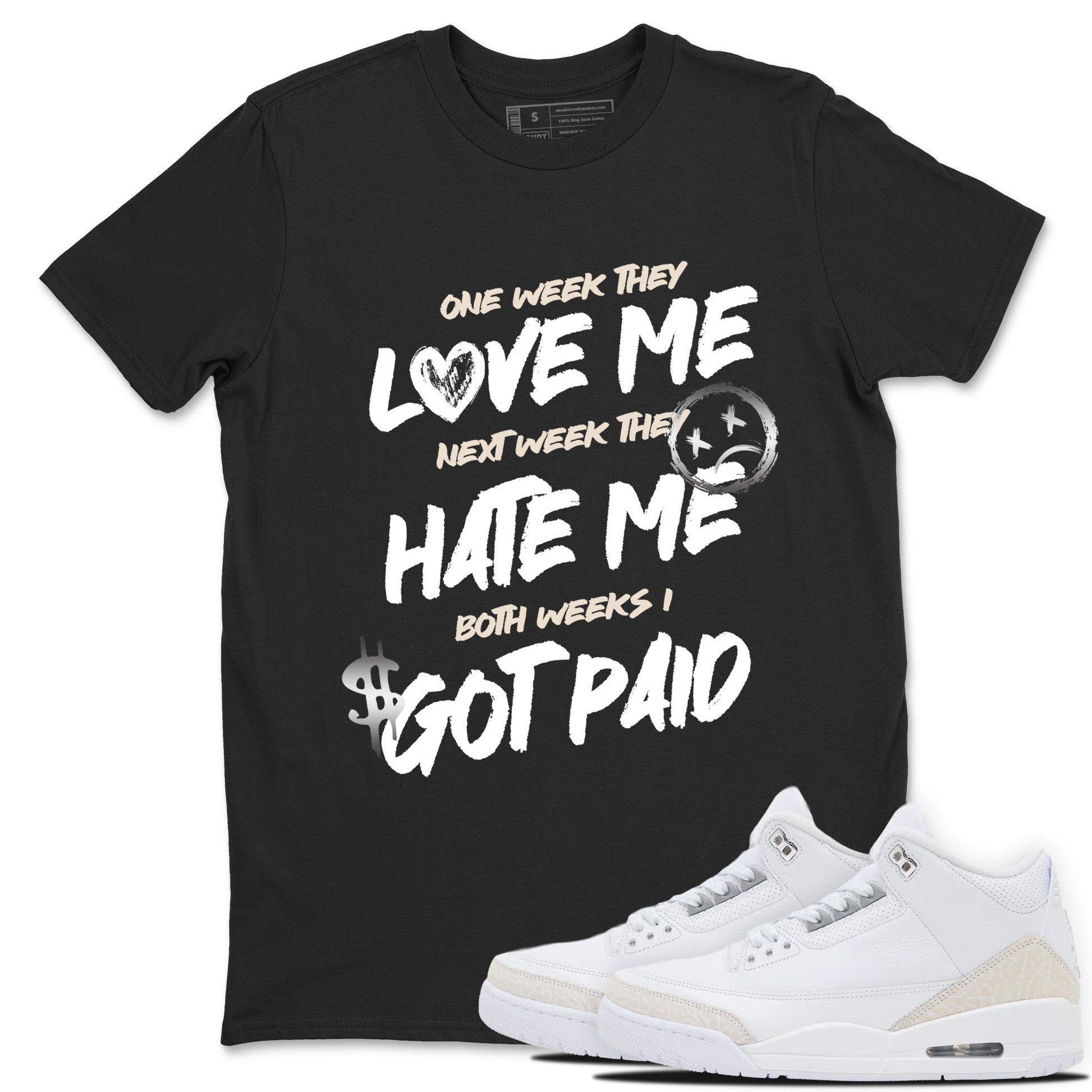 I Got Paid sneaker match t-shirt styled to complete your fit with the Air Jordan 3 Pure Money sneakers, shown in Black 1.