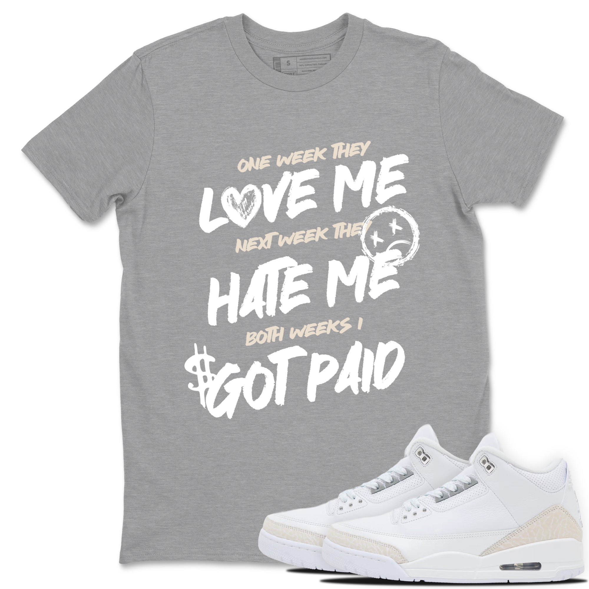 I Got Paid sneaker match t-shirt styled to complete your fit with the Air Jordan 3 Pure Money sneakers, shown in Heather Grey 1.