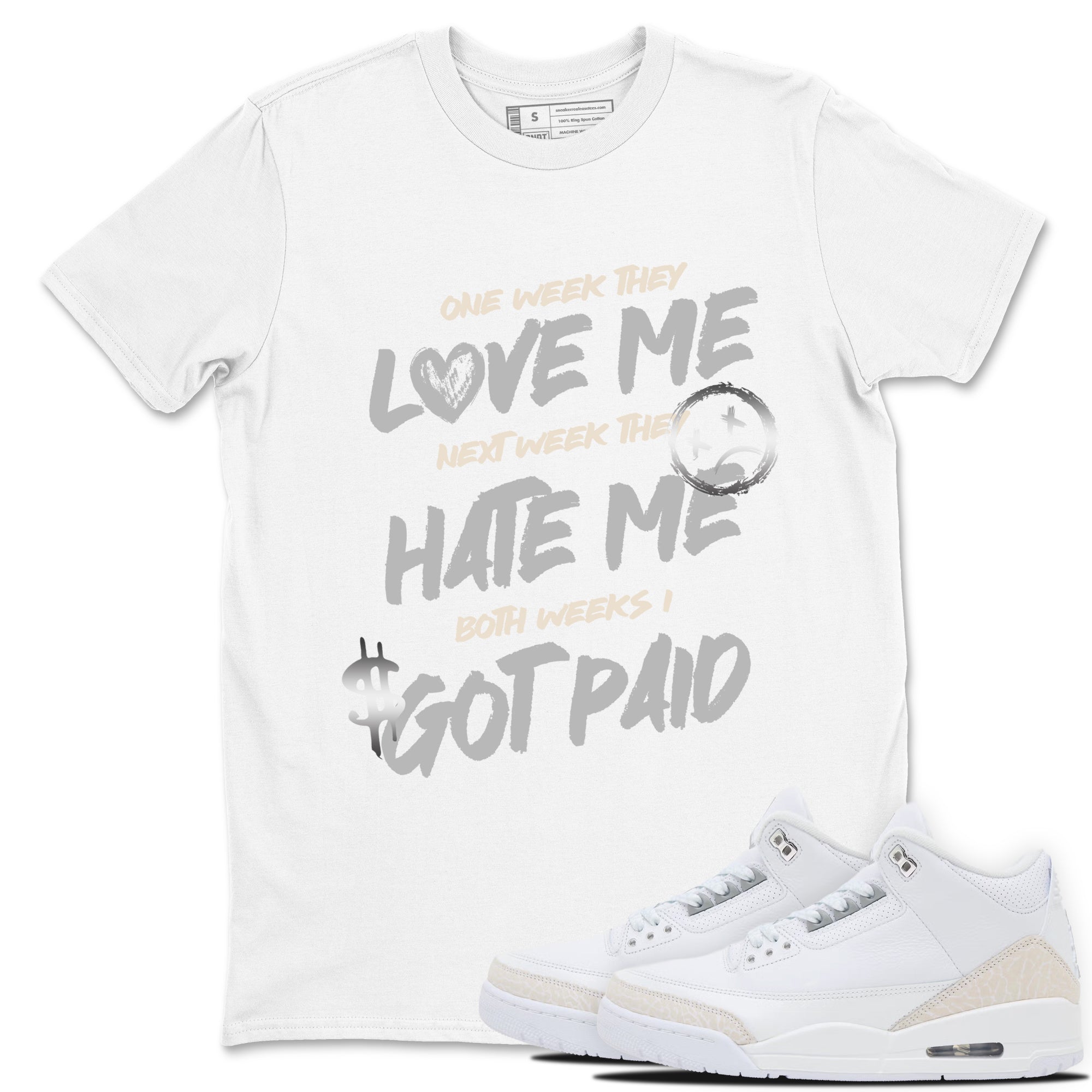 I Got Paid sneaker match t-shirt styled to complete your fit with the Air Jordan 3 Pure Money sneakers, shown in White 1.