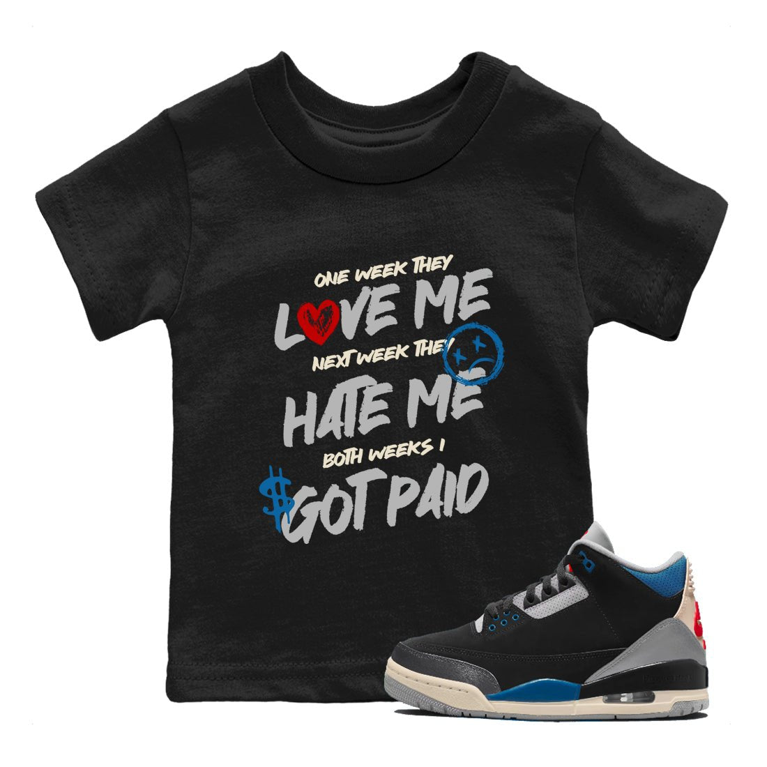 I Got Paid baby and kids t-shirt crafted for little sneakerheads to shine with the Air Jordan 3 Rare Air sneakers, displayed in Black 1.