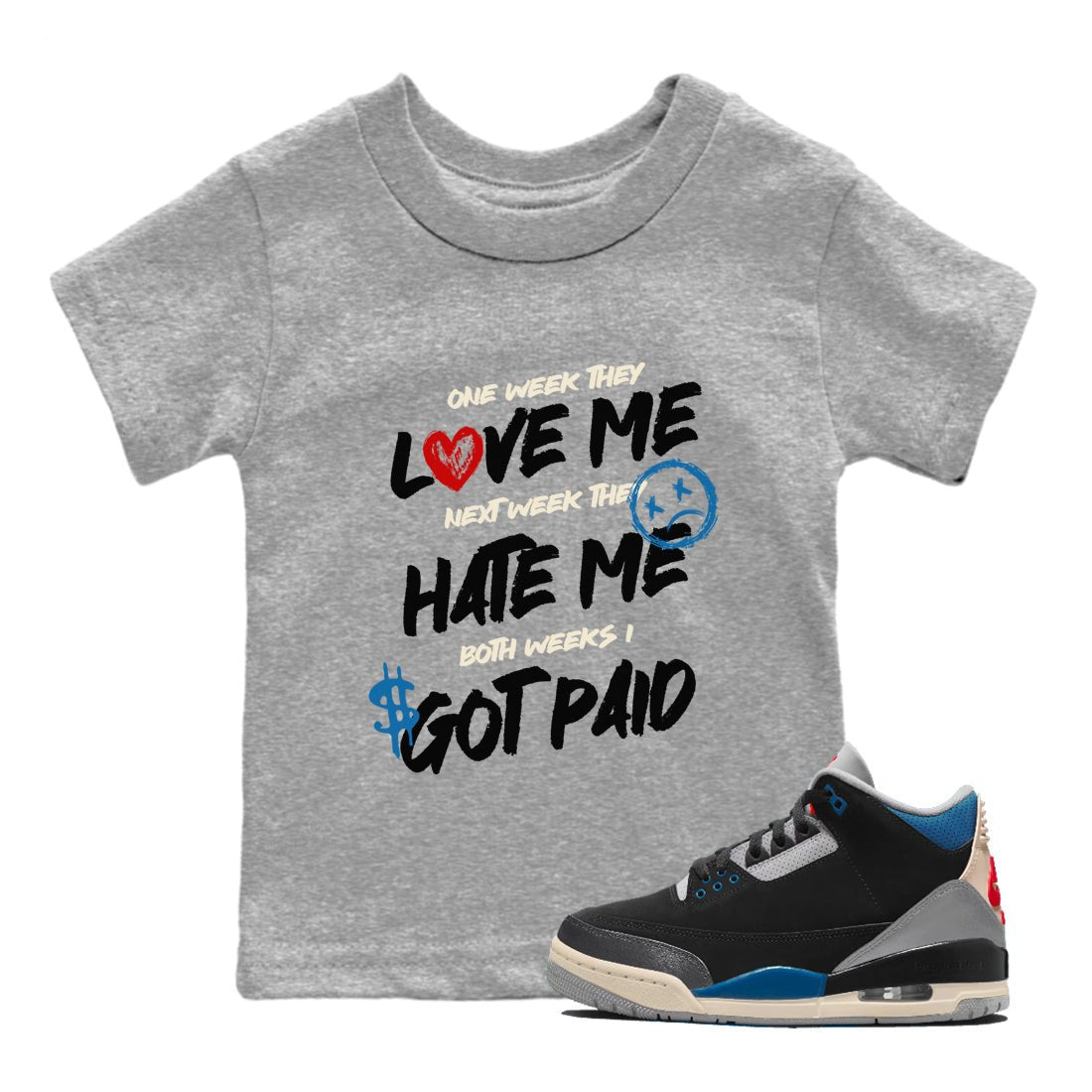 I Got Paid baby and kids t-shirt crafted for little sneakerheads to shine with the Air Jordan 3 Rare Air sneakers, displayed in Heather Grey 1.