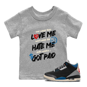 I Got Paid baby and kids t-shirt crafted for little sneakerheads to shine with the Air Jordan 3 Rare Air sneakers, displayed in Heather Grey 1.