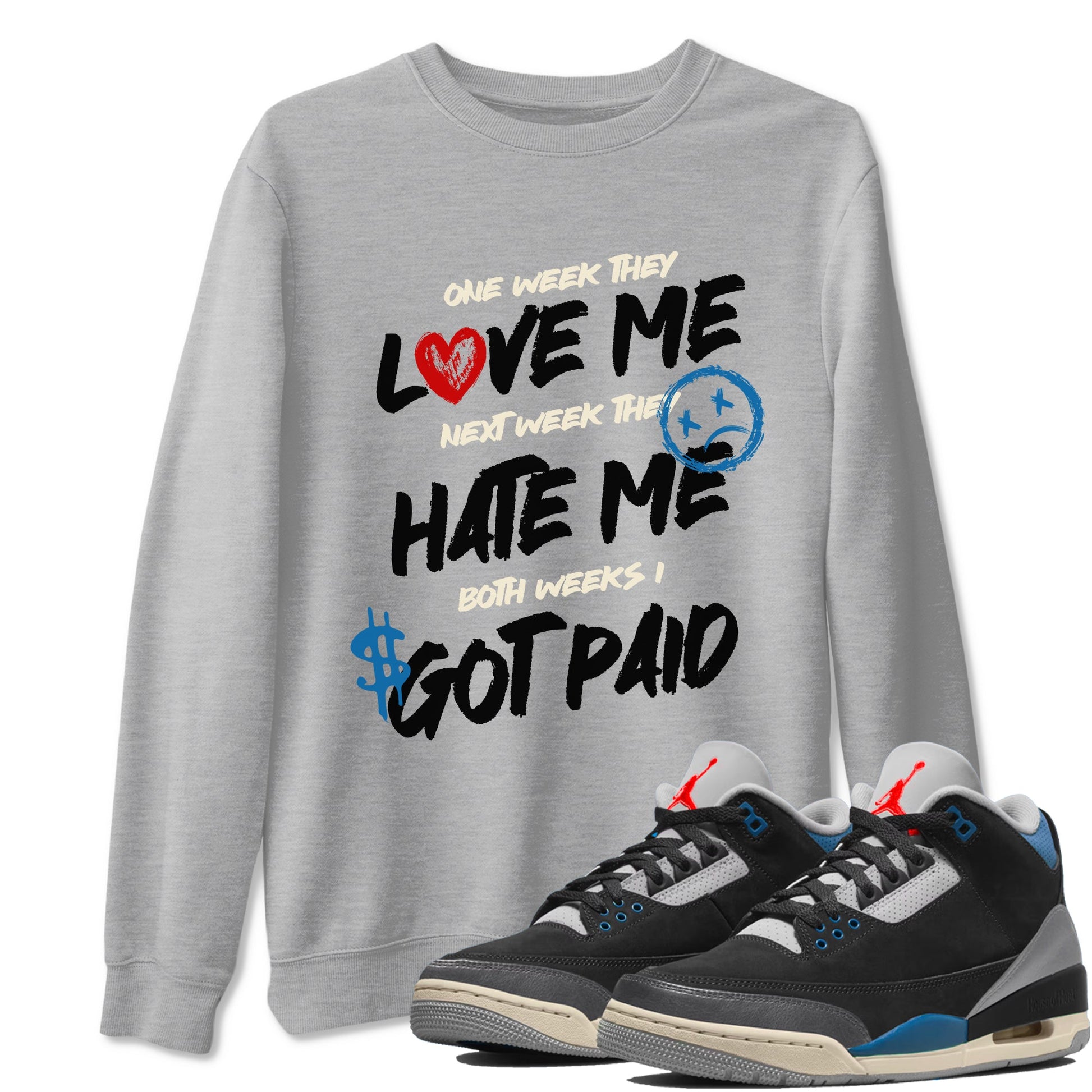 I Got Paid sneaker match t-shirt styled to complete your fit with the Air Jordan 3 Rare Air sneakers, shown in Heather Grey 1.