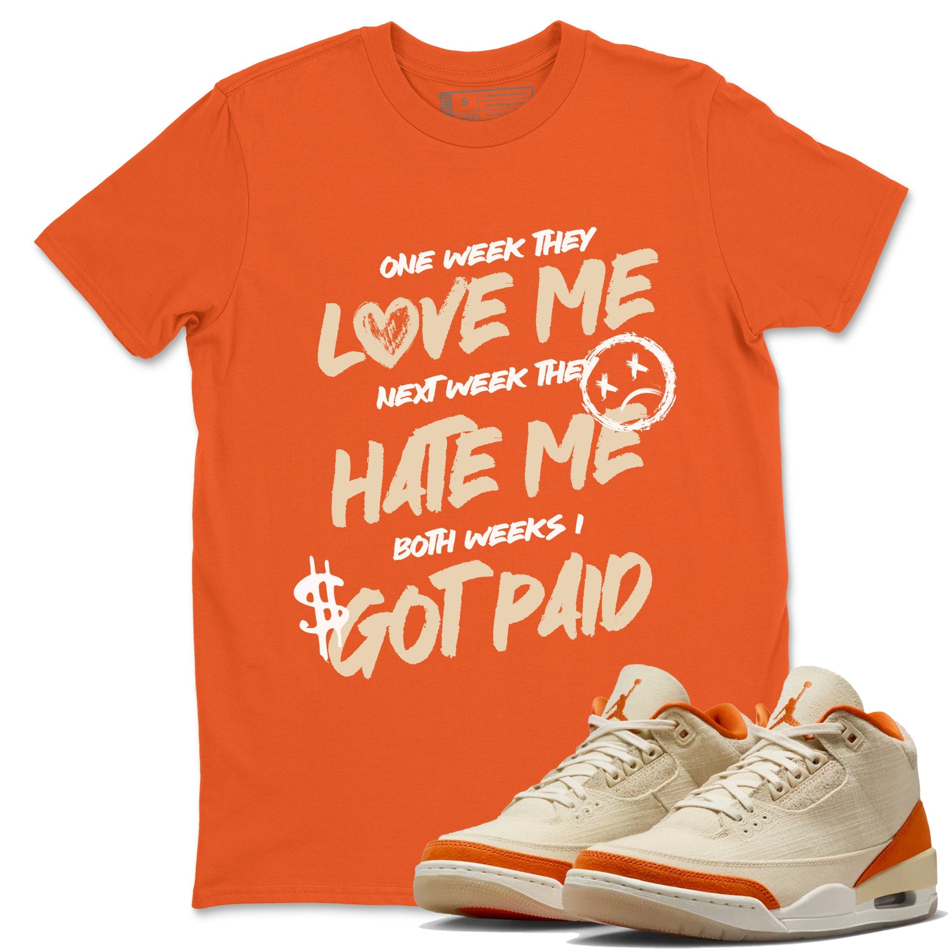 I Got Paid sneaker match t-shirt styled to complete your fit with the Air Jordan 3 Starfish sneakers, shown in Orange 1.