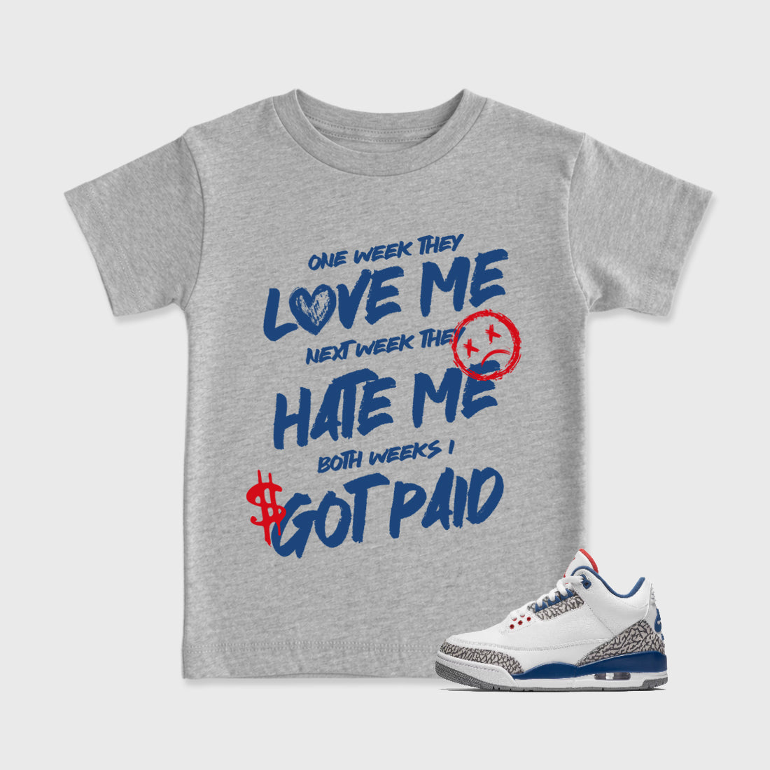 I Got Paid Baby & Kids Graphic T-Shirt featuring original artwork designed to match the Air Jordan 3 True Blue. Heather Grey 1 Kids Graphic Tee.