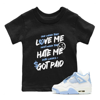 I Got Paid baby and kids t-shirt crafted for little sneakerheads to shine with the Air Jordan 4 Aluminum sneakers, displayed in Black 1.