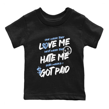I Got Paid baby and kids t-shirt crafted for little sneakerheads to shine with the Air Jordan 4 Aluminum sneakers, displayed in Black 2.