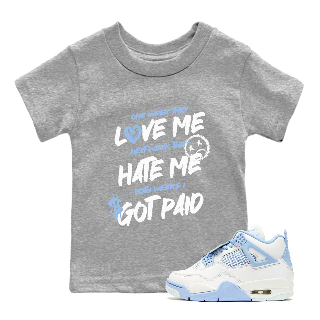 I Got Paid baby and kids t-shirt crafted for little sneakerheads to shine with the Air Jordan 4 Aluminum sneakers, displayed in Heather Grey 1.