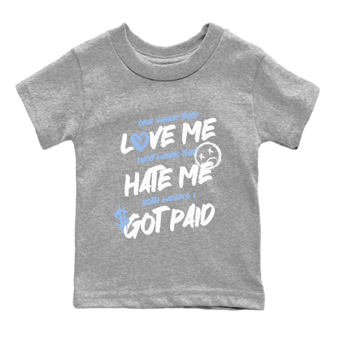 I Got Paid baby and kids t-shirt crafted for little sneakerheads to shine with the Air Jordan 4 Aluminum sneakers, displayed in Heather Grey 2.
