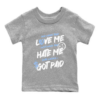 I Got Paid baby and kids t-shirt crafted for little sneakerheads to shine with the Air Jordan 4 Aluminum sneakers, displayed in Heather Grey 2.