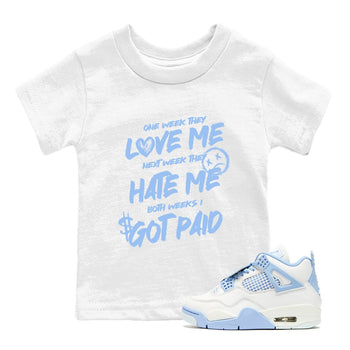 I Got Paid baby and kids t-shirt crafted for little sneakerheads to shine with the Air Jordan 4 Aluminum sneakers, displayed in White 1.