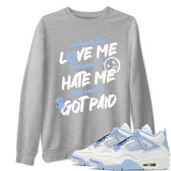 I Got Paid sneaker match t-shirt styled to complete your fit with the Air Jordan 4 Aluminum sneakers, shown in Heather Grey 1.