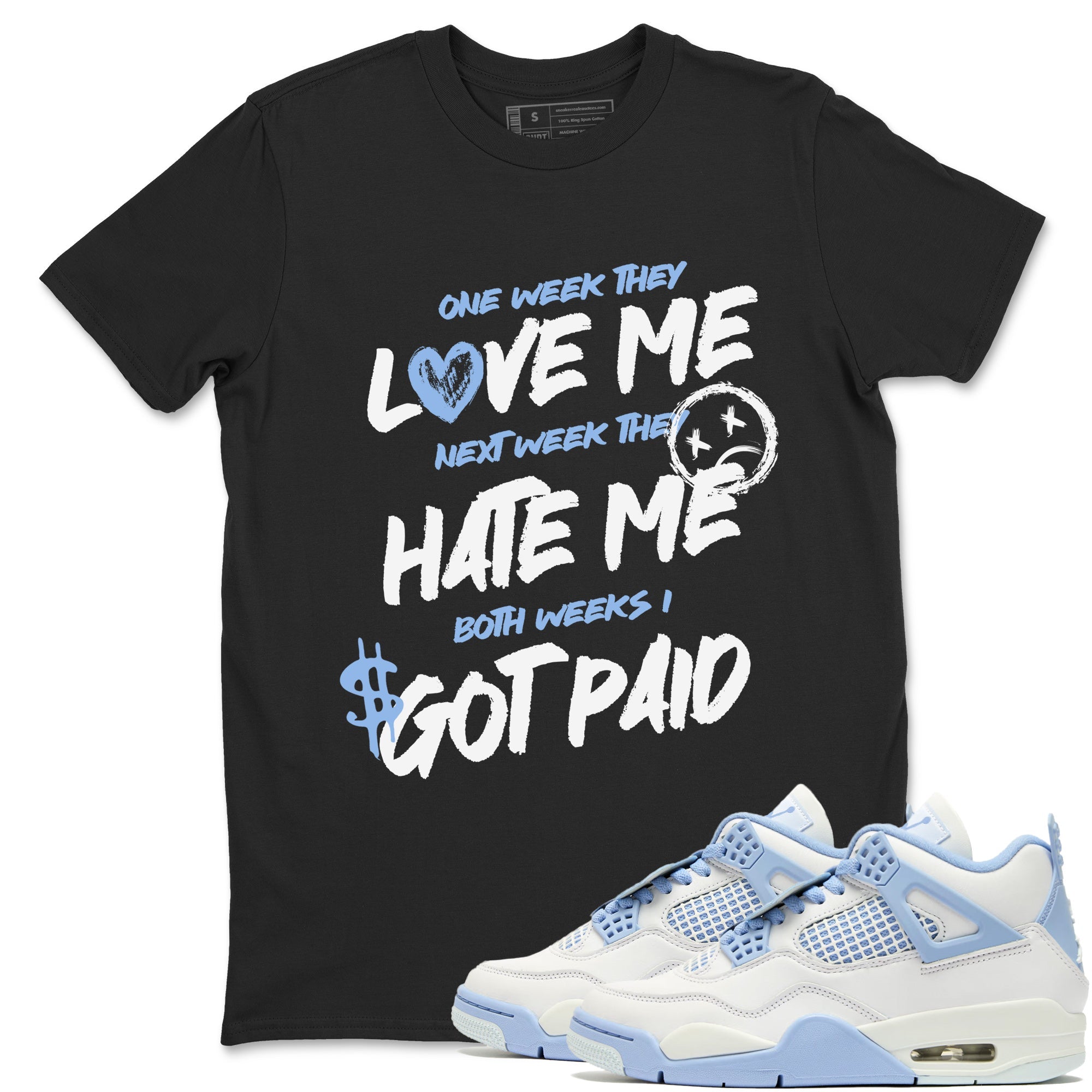 I Got Paid sneaker match t-shirt styled to complete your fit with the Air Jordan 4 Aluminum sneakers, shown in Black 1.