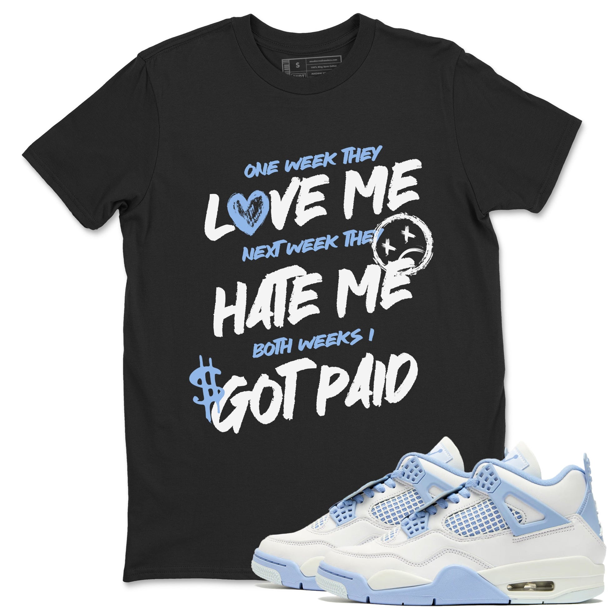 I Got Paid sneaker match t-shirt styled to complete your fit with the Air Jordan 4 Aluminum sneakers, shown in Black 1.