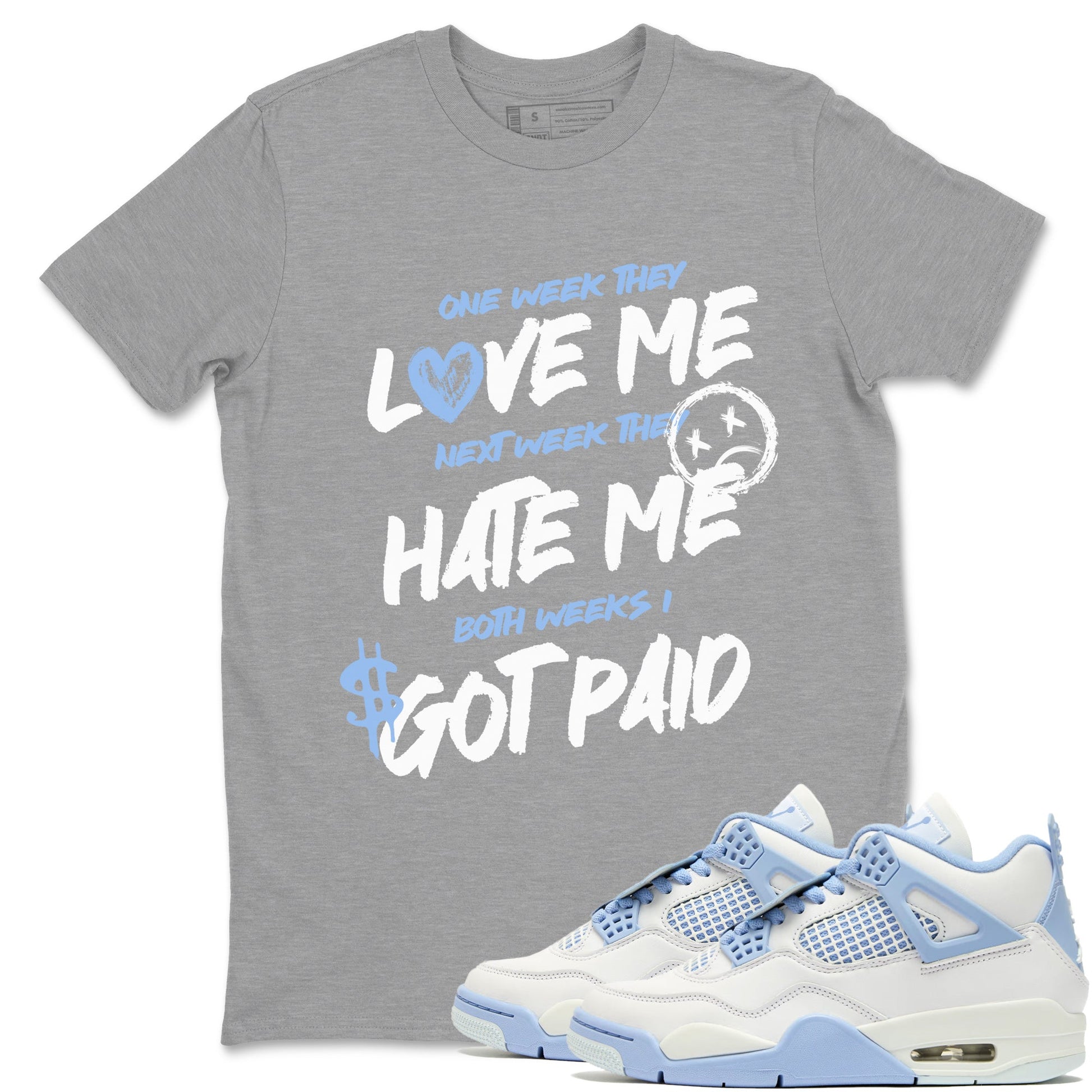 I Got Paid sneaker match t-shirt styled to complete your fit with the Air Jordan 4 Aluminum sneakers, shown in Heather Grey 1.