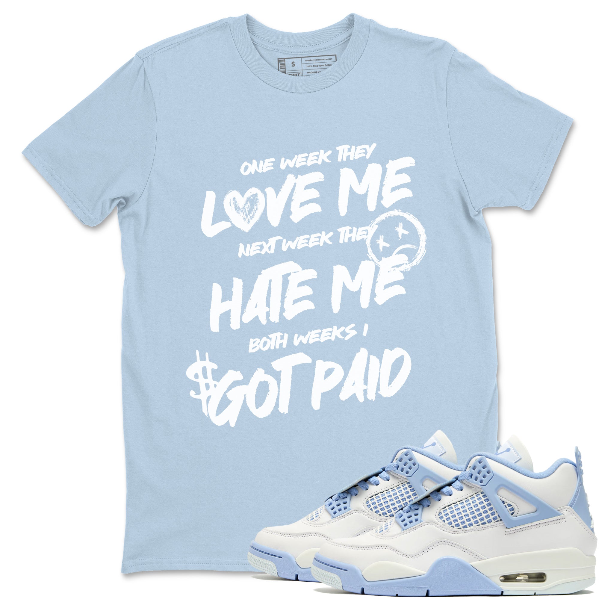 I Got Paid sneaker match t-shirt styled to complete your fit with the Air Jordan 4 Aluminum sneakers, shown in Light Blue 1.