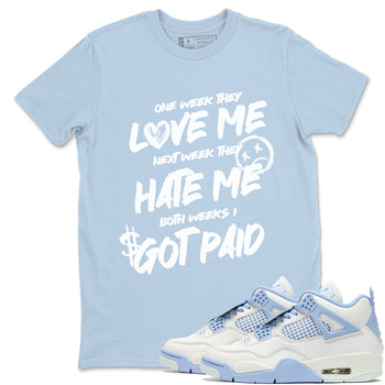 I Got Paid sneaker match t-shirt styled to complete your fit with the Air Jordan 4 Aluminum sneakers, shown in Light Blue 1.